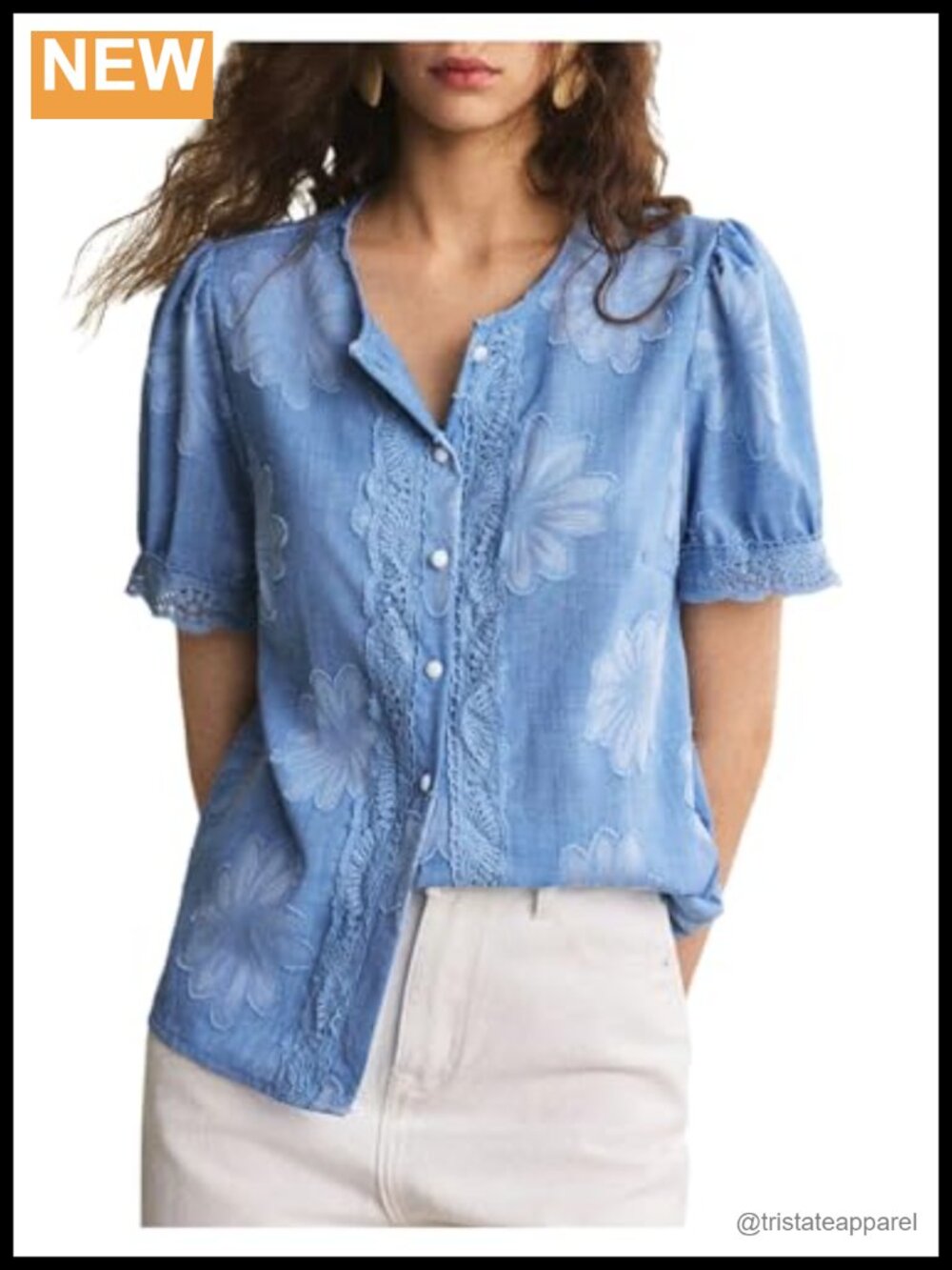 SweatyRocks Floral Lace Trim Button Down Puff Sleeve Blouse Textured Summer